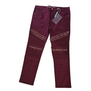 Men's Argonaut Nation Burgundy Studded Moto Jeans – Size 42x32